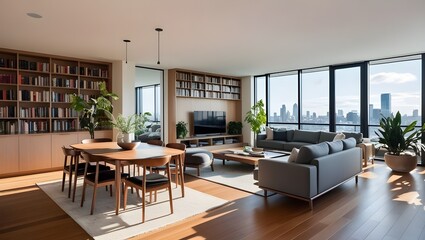 Fototapeta premium A spacious open-plan living room with a modern gray sofa