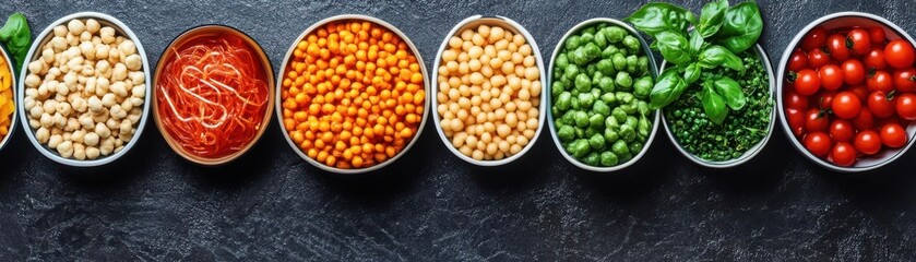 A colorful arrangement of diverse legumes, grains, and greens in bowls on a dark background, perfect for healthy food concepts.