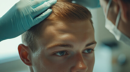 A young man with a receding hairline gets a hair growth treatment at a hospital.