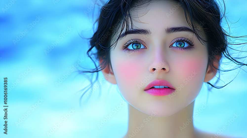 Wall mural close up portrait of a woman with blue eyes