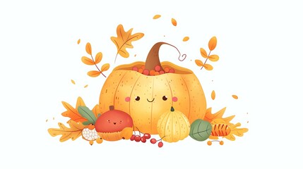 Obraz premium Adorable thanksgiving invitation featuring a cute cartoon pumpkin, with leaves, berries, and a cornucopia filled with fruits and vegetables. Isolated on white background