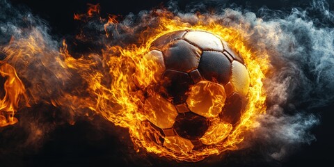 Fototapeta premium Soccer Ball Engulfed in Flames in Dramatic Fiery Motion