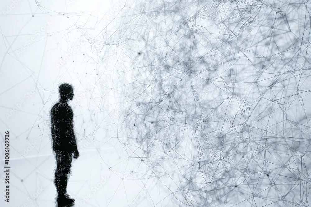 Poster exploring the boundaries of imagination in an ethereal web of connectivity and digital abstraction a