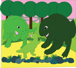 family of tyrannosaur dinosaurs in a jungle clearing, stock vector, easy to edit