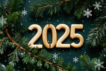 Numbers 2025 on emerald background with fir branches. New Year and Christmas concept. AI banner