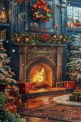 Obraz premium A fireplace with a wreath of red and green ornaments on it. The room is decorated for Christmas