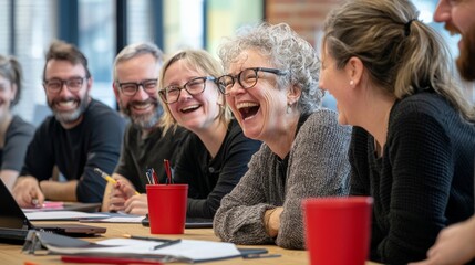 A multi-generational team sharing a moment of laughter while collaborating on a project, with small red accents like notebooks or office decor subtly woven into the frame