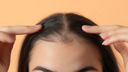 Fototapeta premium A young woman points to bald patches on her forehead and temples. She's experiencing hair loss, which could be due to alopecia, a condition that causes hair loss.