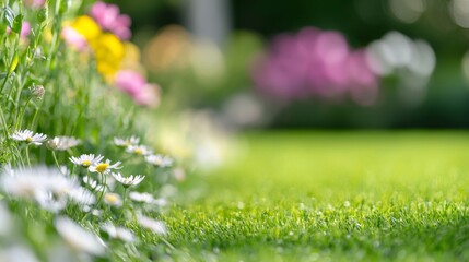 Fototapeta premium Charming English Garden Oasis, vibrant summer blooms, lush green lawn, graceful trees, soft focus backdrop creates a serene and inviting atmosphere for relaxation.