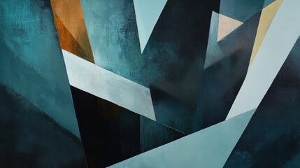 Abstract art supplies float in an asymmetrical composition, blending sharp angles and smooth curves, with muted colors creating balance.