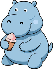 Cute pygmy hippo happily eats ice cream, baby hippo transparent clipart