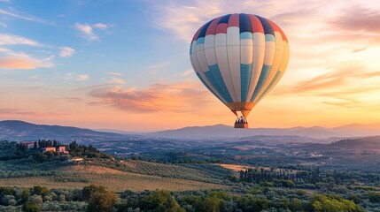 A colorful hot air balloon floats over a scenic landscape at sunset, showcasing nature's beauty and tranquility.