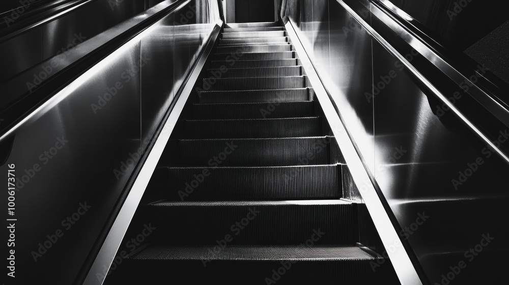 Poster Modern escalator moving upwards in dim light, urban architecture concept