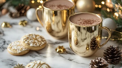 Fototapeta premium Two golden mugs filled with hot chocolate beside decorated cookies and festive ornaments on a marble surface.