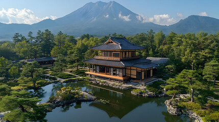 Fototapeta premium Serene Japanese Garden with Traditional House and Mountain View