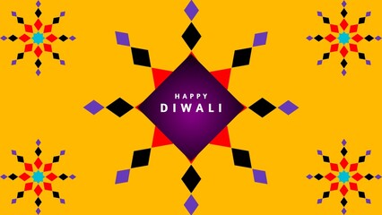 Beautiful rangoli design illustration with beautiful diyas lit oil lamps on happy diwali poster illustration.