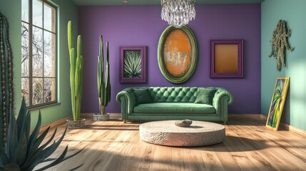 An artistic living room with maple floors, periwinkle walls, and a jade green sofa A round sandstone coffee table, plum frames, and tall cacti A crystal teardrop chandelier hangs above