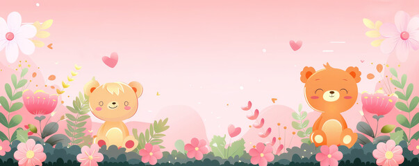 Two cute teddy bears sitting in a field of flowers with a pink background. Background in cute pink children's theme, copy space.