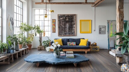 An artsy living room with teak wood floors, white walls, and an indigo sofa An irregular bluestone coffee table, lemon yellow frames, and orchid plants A rustic wood beam pendant light