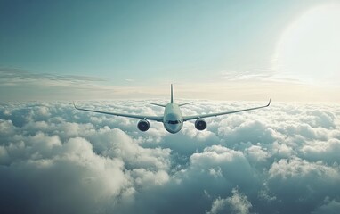Fototapeta premium A commercial airplane flying above fluffy clouds under a clear sky, symbolizing travel and adventure.