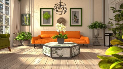 An eclectic living room with spruce wood floors, ivory walls, and an orange sofa A hexagonal marble coffee table, moss green frames, and orchids A contemporary iron pendant lamp
