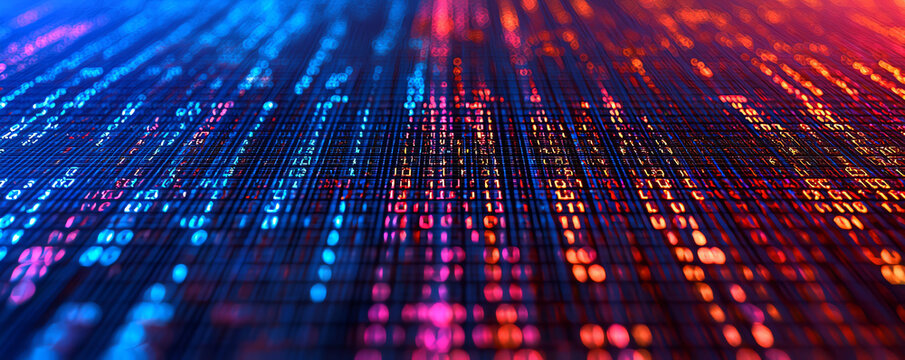 Binary code embedded within a computer screen network, top view, showcasing interconnected digital environments, digital tone, Tetradic color scheme
