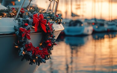 A festive boat adorned with a Christmas wreath and decorations, set against a serene marina at sunset.