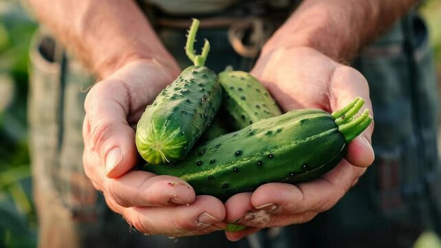 Farmer Showcasing Freshly Harvested Cucumbers from Garden