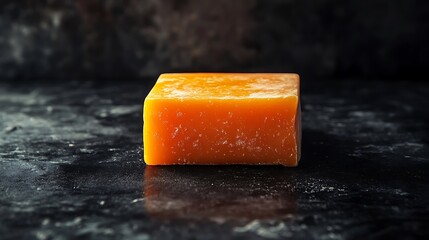 Minimalist Mimolette cheese block with a vibrant orange hue, spotlighted on a matte black surface. Gentle lighting from the left, creating soft shadows, high contrast, isolated subject,