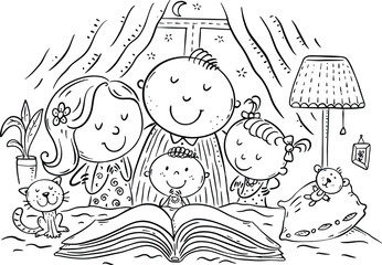 Cute family with children praying together before bedtime, Christianity and Religion. Cartoon outline vector illustration