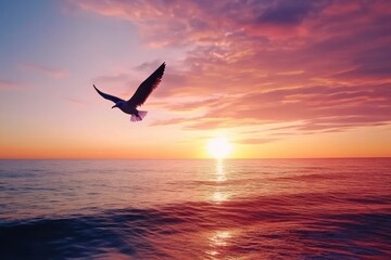 Fototapeta premium Serene Sunset Over Peaceful Beach with Soaring Bird