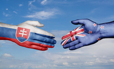 New Zealand and Slovakia country handshaking with flags, consensus concept international co-operation illustration