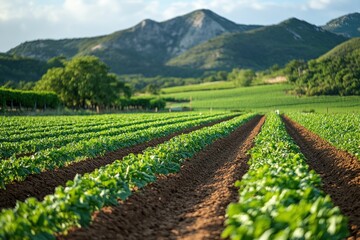 Rows of Plants in a Field with Mountains in the Background