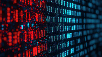 Complex digital binary strings on a holographic interface, side view, emphasizing the complexity of modern systems, futuristic tone, Complementary Color Scheme