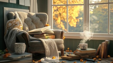 Cozy Autumn Reading Nook with Warm Lighting and Leafy View