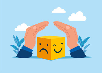 Bipolar. Mask your emotions with a fake smile. Health insurance contract. Flat vector illustration