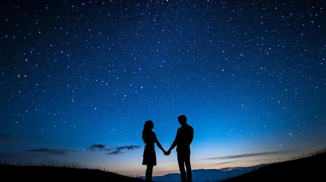 A couple holding hands under a starry sky, symbolizing a promise to stay together forever, promise under stars, eternal love