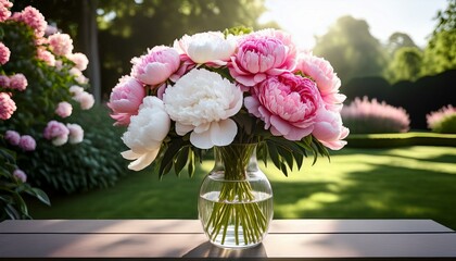 A beautiful display of pink and white peonies fills a glass vase situated on a table, set against a tranquil garden backdrop under bright daylight