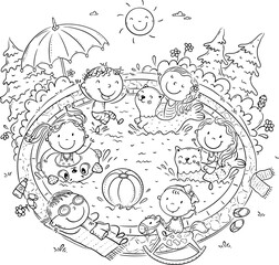 Cute happy kids playing in an swimming pool having fun, summer outdoor activity. Black and white vector illustration