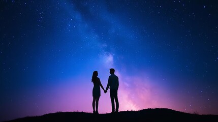 A couple holding hands under a starry sky, symbolizing a promise to stay together forever, promise under stars, eternal love