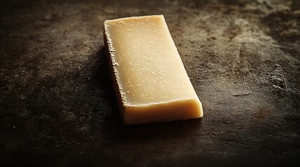 Minimalist photograph of a thin wedge of Pecorino cheese, softly lit on a dark, textured surface. Focused light from above, smooth shadows, isolated subject, high contrast, creamy color,