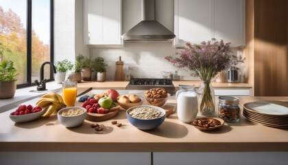 a fitness breakfast spread on a clean, minimalist kitchen countertop. wholesome ingredients and modern aesthetics, creating an inspiring start to the day.