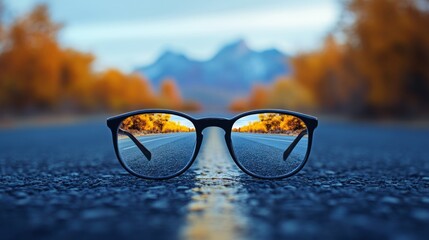 A pair of glasses is reflected in the road