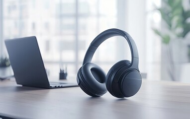 A pair of sleek black headphones rests on a wooden desk next to a laptop, suggesting a modern workspace for audio enjoyment.