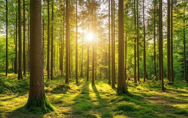 Obraz premium A serene forest scene with sunlight filtering through tall trees, illuminating the lush green undergrowth.