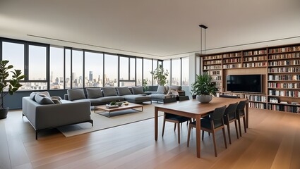 Fototapeta premium A spacious open-plan living room with a modern gray sofa