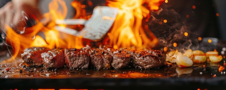 Grilled beef teppanyaki cooking on hot iron griddle with flames and sesame seeds.