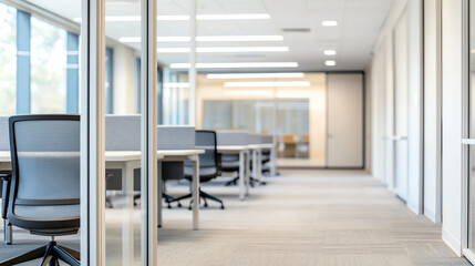 Modern office space with desks and chairs, bright and airy.