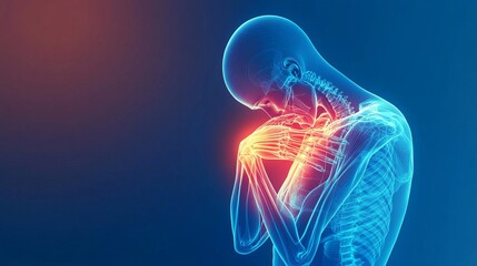 Man with painful wrist joint highlighted in bright orange with blue background x-ray 3d illustration generated by AI