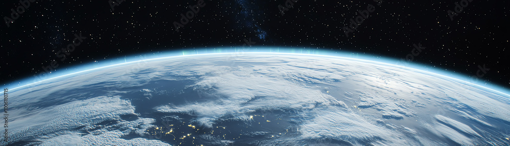 Wall mural earth view from space, showcasing clouds and blue oceans.